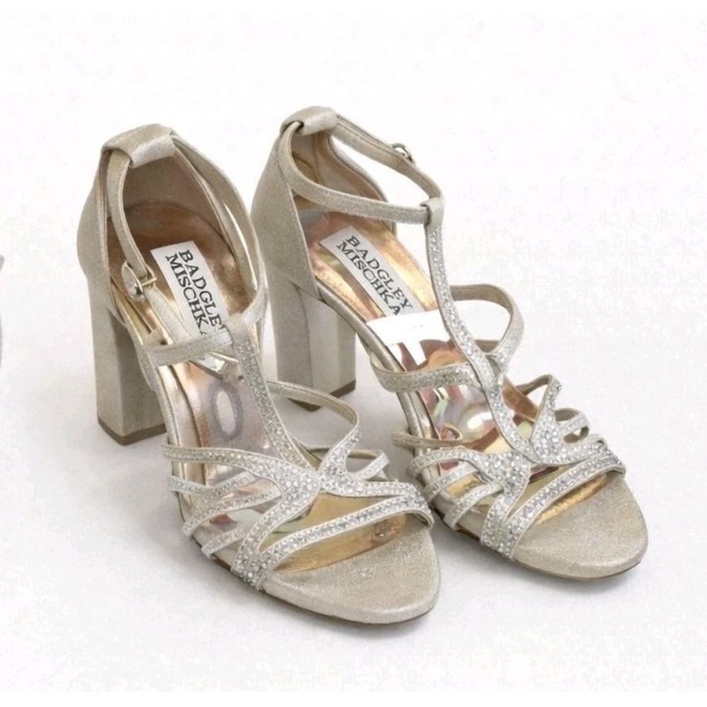 Badgley Mischka Silver Crystal Strappy Block Heel Sandals 9.5 Wedding Party